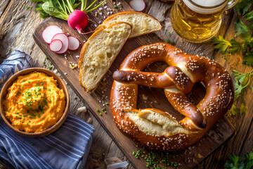 german pretzel with cheese dip top view