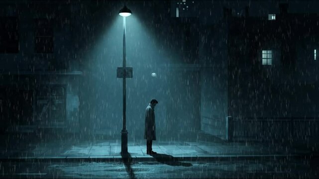 A lone figure stands pensively under streetlamp as rain pours down on dark, deserted city street at night.lofi style