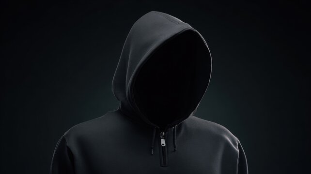 Mysterious figure in a dark hoodie with a faceless silhouette against a black background.