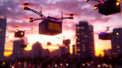 Drones with illuminated lights hover through a vibrant cityscape at sunset, delivering packages while futuristic technology transforms urban logistics. Robotics and automation