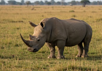 Obraz premium A majestic rhino stands tall in the golden light of the savannah—its thick hide and horn a powerful emblem of strength and endangered beauty.