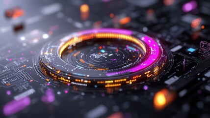Futuristic neon circuit spiral with vibrant orange and purple lights on a black microchip surface. Robotics and automation
