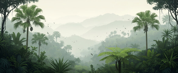 Misty Tropical Rainforest with Lush Greenery, Tall Palms, Ferns, and Layered Mountain Backdrop under Serene Sky