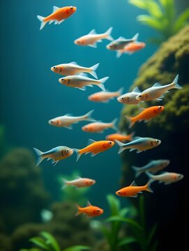 School of neon tetra fish swimming in aquarium