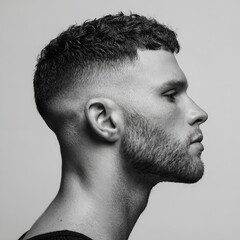 Obraz premium Man with fade haircut and beard in black and white portrait style for hair and beauty advertising