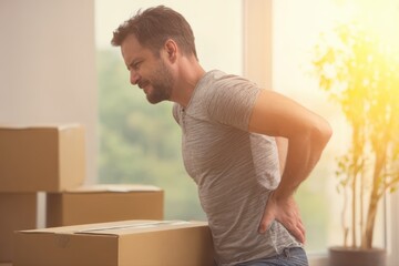 A person displaying lower back pain while lifting a box indoors. No other visible elements in the image.