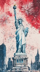 Fototapeta premium Statue fireworks landmark liberty.