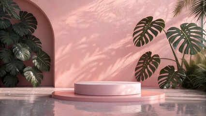 Rose Pink Wet Studio Background with Golden Hour Lighting
