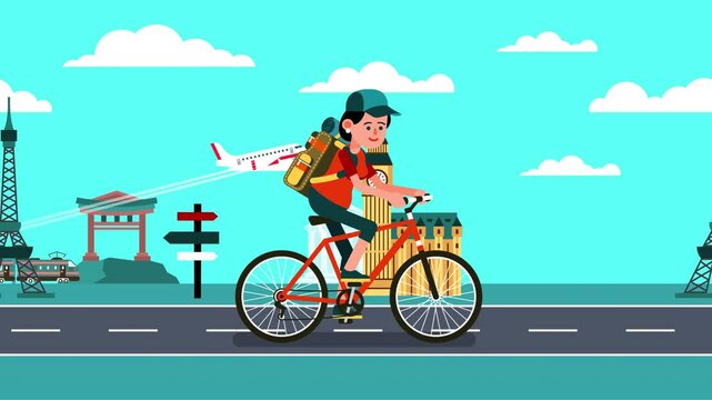 Woman Traveling Around the World by Bicycle. Woman rides her bicycle past iconic landmarks from around the world symbolizing global travel and adventure. Looped Animation.