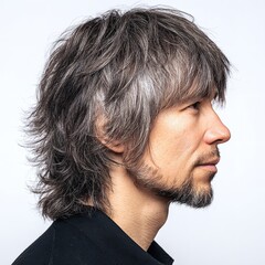Man with long layered gray hair and goatee style beard profile view on a white studio background portrait