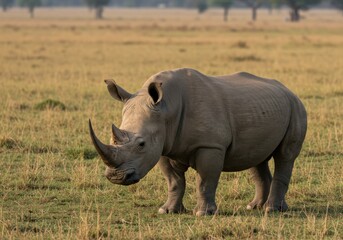 Obraz premium A majestic rhino stands tall in the golden light of the savannah—its thick hide and horn a powerful emblem of strength and endangered beauty.