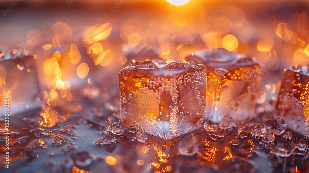 Aufkleber beautifully captured ice cubes shimmering in warm sunset light, highlighting the bubbly texture and 