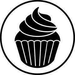 A minimalist black and white cupcake icon design inside a circle perfect for branding and bakery logos.