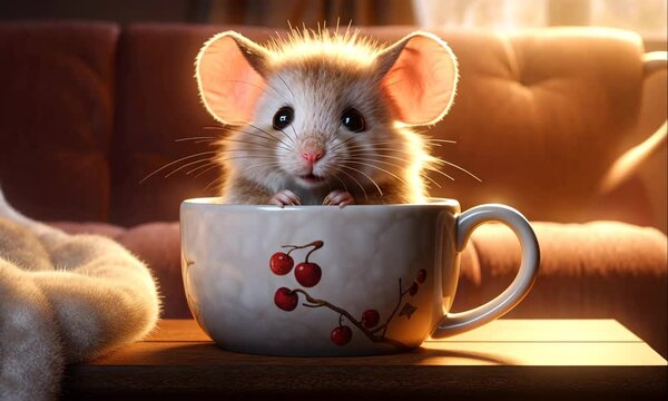 cute little mouse sits in a tea cup in cozy atmosphere animation