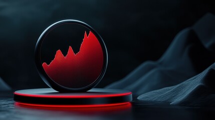 A sleek, black circular design with a rising red graph on a glowing pedestal, set against dark, textured background.