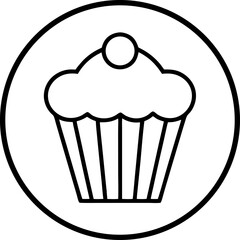 Simple black and white cupcake icon contained within a circle ideal for food themed designs or logos.