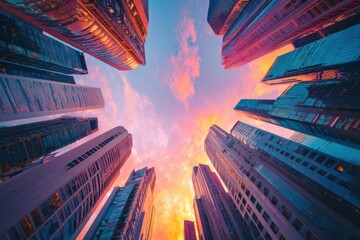 High-rise buildings and skyscrapers on a city skyline silhouette against a colorful sky at sunset.