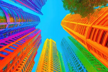 High-rise buildings and skyscrapers standing tall and illuminated by a golden sunset, casting long shadows on the cityscape.
