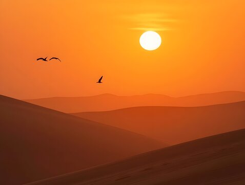 Birds Flying Over Desert Dunes at Sunset with Orange Sky Glow