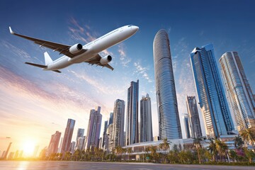 High-rise buildings against a vibrant sunset sky with an airplane flying overhead. Skyline silhouettes and warm colors in the urban landscape.