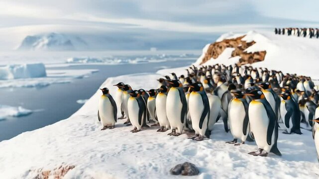 Gentoo penguin colony in the South Pole, Antarctic Peninsula. A large group of wild animals resting on a snowy hill, cold sea and mountains in the background. 4k video