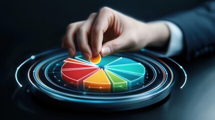 A hand interacts with a colorful pie chart, representing data analysis and decision-making in a digital context.
