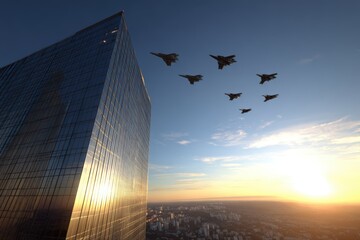 Several high-rise buildings silhouetted against a vibrant sunset sky with an airplane flying overhead, creating a striking urban landscape scene.