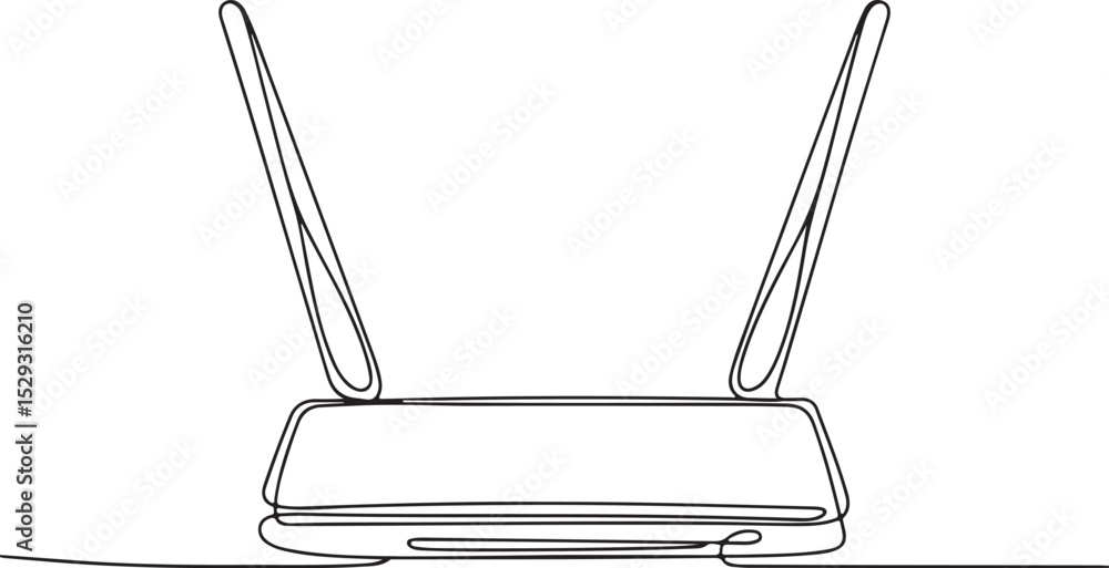 Poster continuous line drawing of a wireless router with antennas and cables in minimalist black and white 
