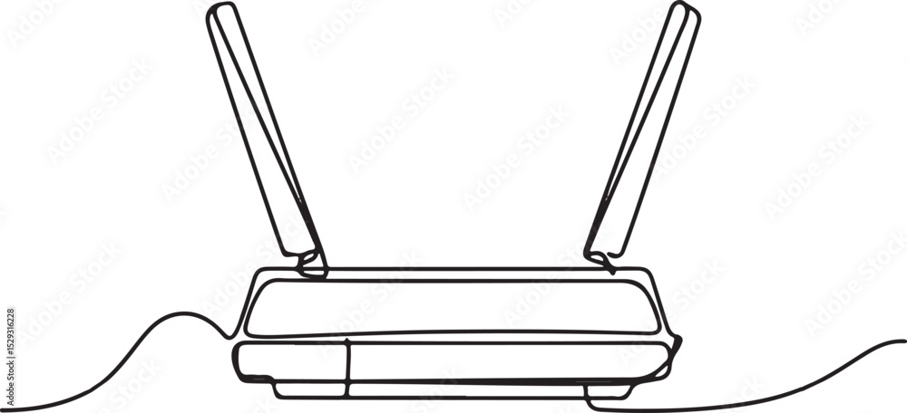 Poster continuous line drawing of a wireless router with antennas and cables in minimalist black and white 
