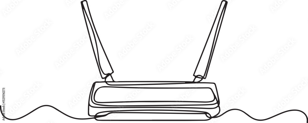 Poster continuous line drawing of a wireless router with antennas and cables in minimalist black and white 
