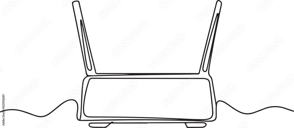 Poster continuous line drawing of a wireless router with antennas and cables in minimalist black and white 