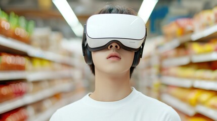 A person wearing a virtual reality headset stands in an aisle of a grocery store, immersed in a digital experience amidst colorful product displays.