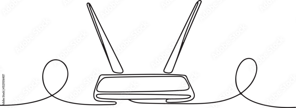 Poster continuous line drawing of a wireless router with antennas and cables in minimalist black and white 