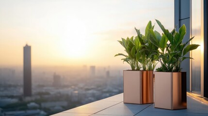 Rooftop planters with a city sunrise view