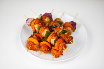 Raw Chicken Shashlik on plate in white background, Raw Chicken Kebab with vegetable on plate