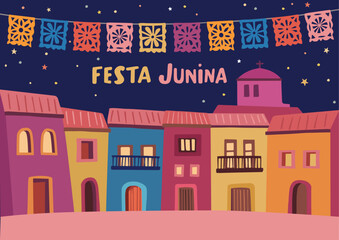 Fototapeta na wymiar Festa junina, Brazilian june party greeting card, invitation. Sao Joao Latin American holiday. Papel picado bunting flags garland, houses stars. Vector illustration background, web banner, flat design