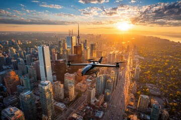 Sunset view of high-rise buildings and skyscrapers with an airplane flying overhead. City skyline with warm tones and urban architecture.