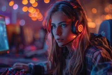 A young girl with headphones intensely focuses on her computer screen in a gaming setup adorned with colorful lights, highlighting the passion and excitement of gaming culture.