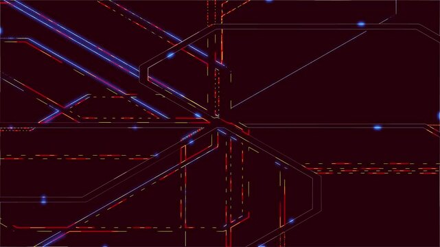 Animation of the electronic metro map neon lines move along a given route and create a schematic animation. Transport interchange. 3D rendering. 4K animation