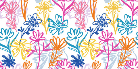 Summer colorful botanical background, seamless pattern. Linear simple drawing. Spring flowers on white background. Print for fabric, textile, banner, wallpaper, cover