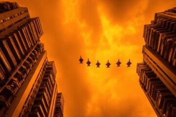 An airplane flies over a vibrant urban skyline at sunset. Silhouettes of buildings and colorful sky create a scenic cityscape view.