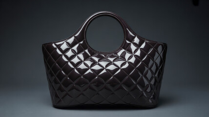 A high-end luxury handbag photographed against a dark gray background. The bag is made of glossy black patent leather with a diamond quilted pattern.