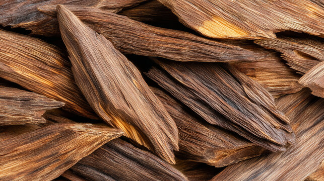 Close-up of dark brown agarwood (oud) chips under warm lighting. Ideal for premium aromatherapy, Middle Eastern tradition, or spa product stock
