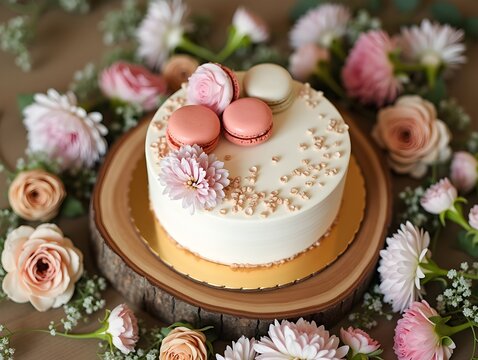 A beautifully decorated cake with macaroons on a rustic wooden board surrounded