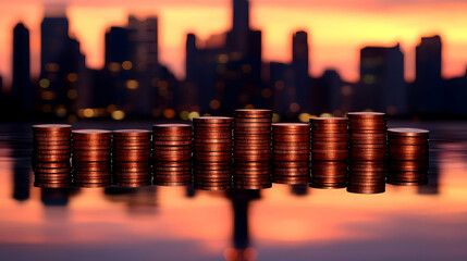 Stacks of Coins Reflecting in Water at Sunset with City Skyline in Background