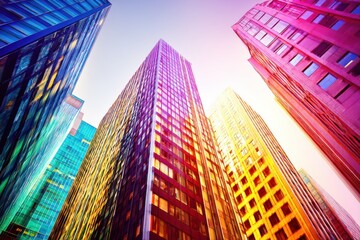 A cityscape dominated by high-rise buildings and skyscrapers under a colorful sunset sky, creating a captivating urban skyline.