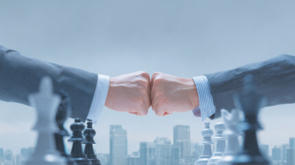Two businessmen clenched their fists and touched each other, symbolizing business competition in a large market environment
