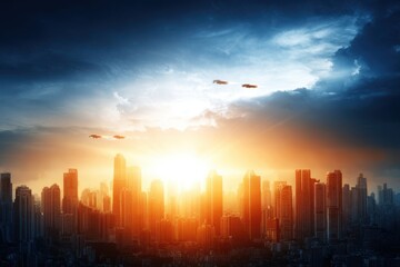 High-rise buildings and skyscrapers against a vibrant sunset sky. An airplane is soaring above, and a kite can be seen flying high in the distance.
