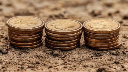 Three Stacks of Gold Coins on Brown Soil