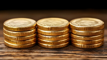 Three Stacks Of Gold Coins On Dark Wooden Surface